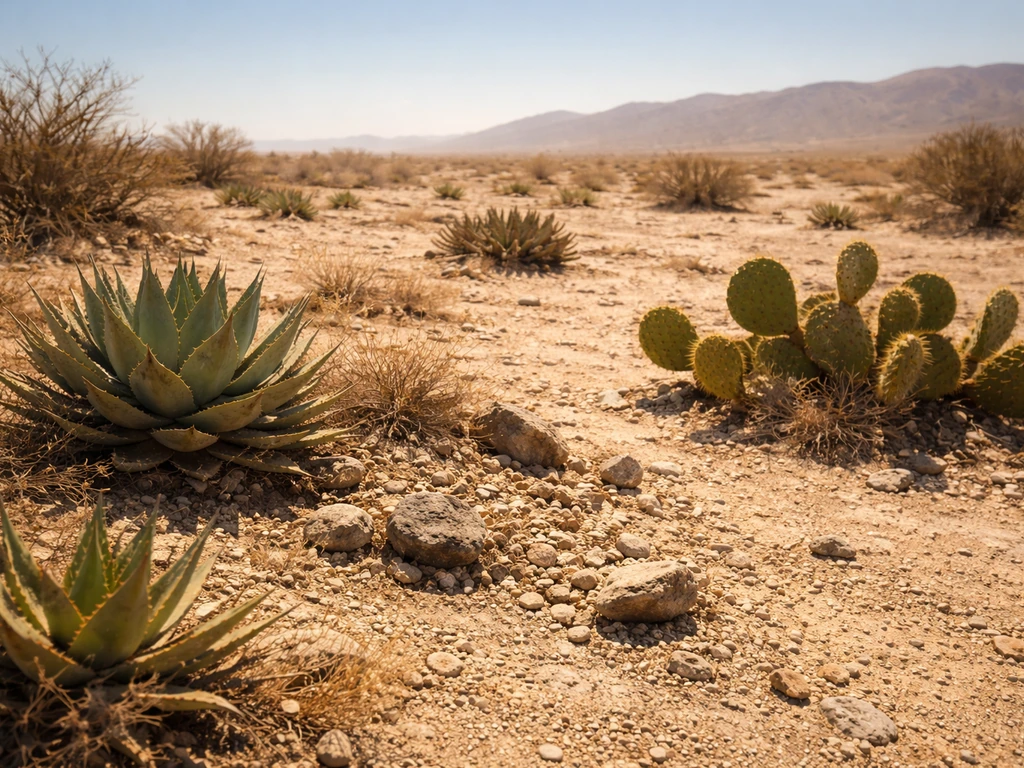 Hardy succulents and small cacti thriving in a hot, rocky desert landscape under windblown light.