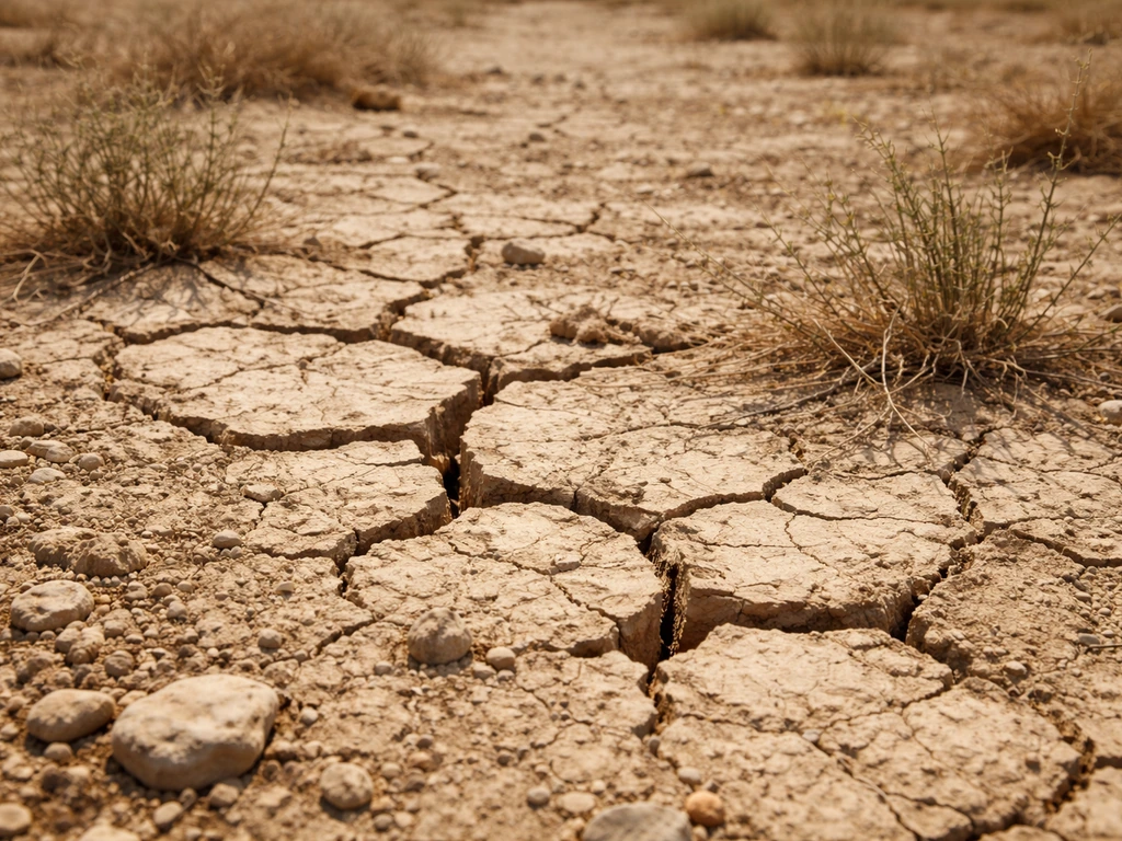 Ground-level view of cracked dry soil with sparse plants and rocky dirt under harsh sunlight.