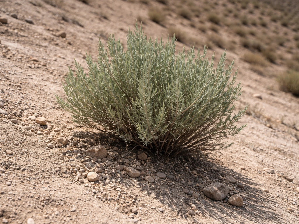Drought-adapted shrub growing in gritty, erosion-prone rocky soil on a dry desert slope