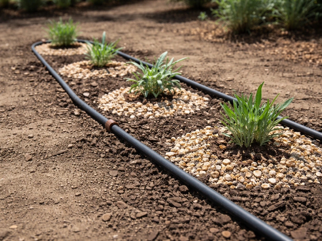 New drought-tolerant seedlings planted with mulch and a soaker drip line in a quiet yard.