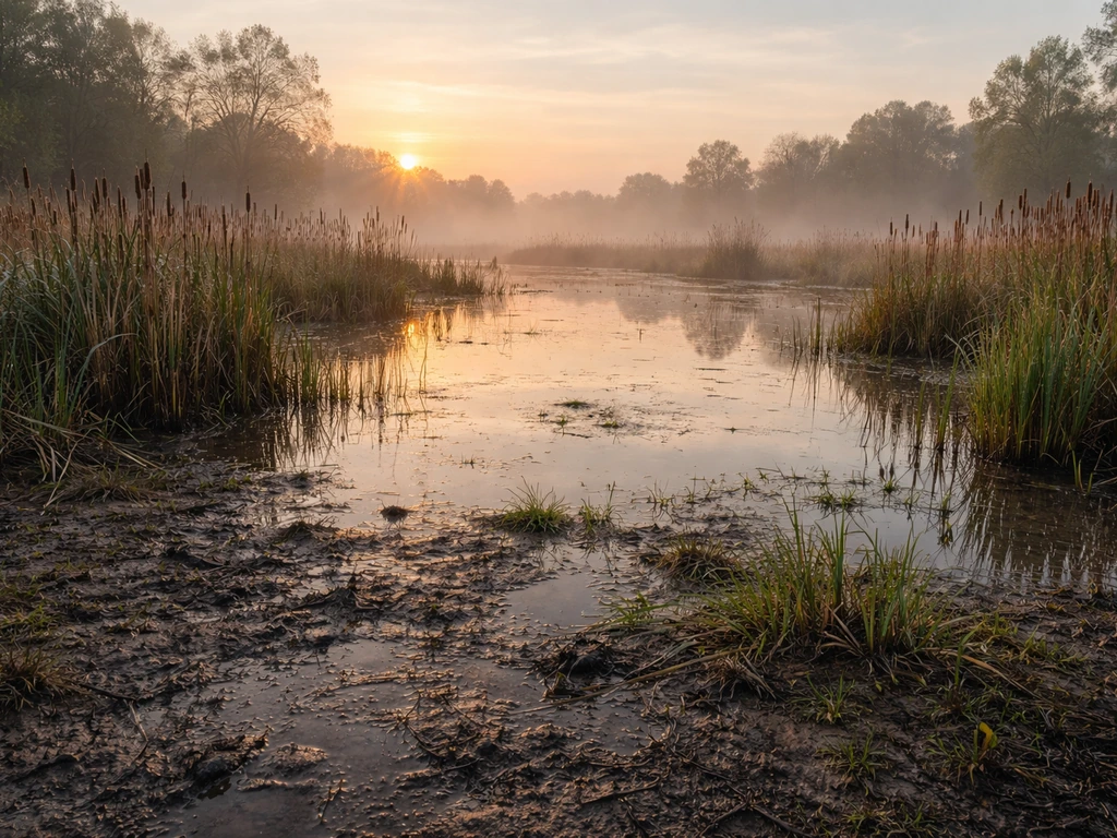 Waterlogged swamp with cattails and sedge-like wetland plants growing in shallow standing water.