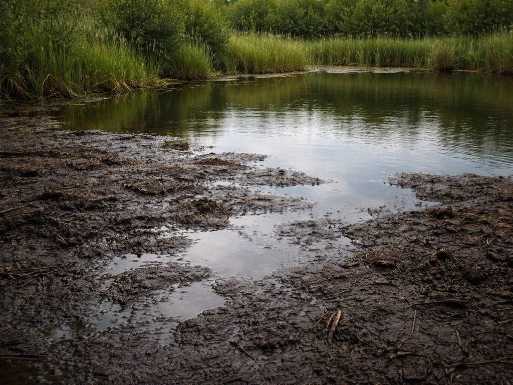 A small marshy pond edge with muddy saturated soil, shallow water, and tall wetland grasses