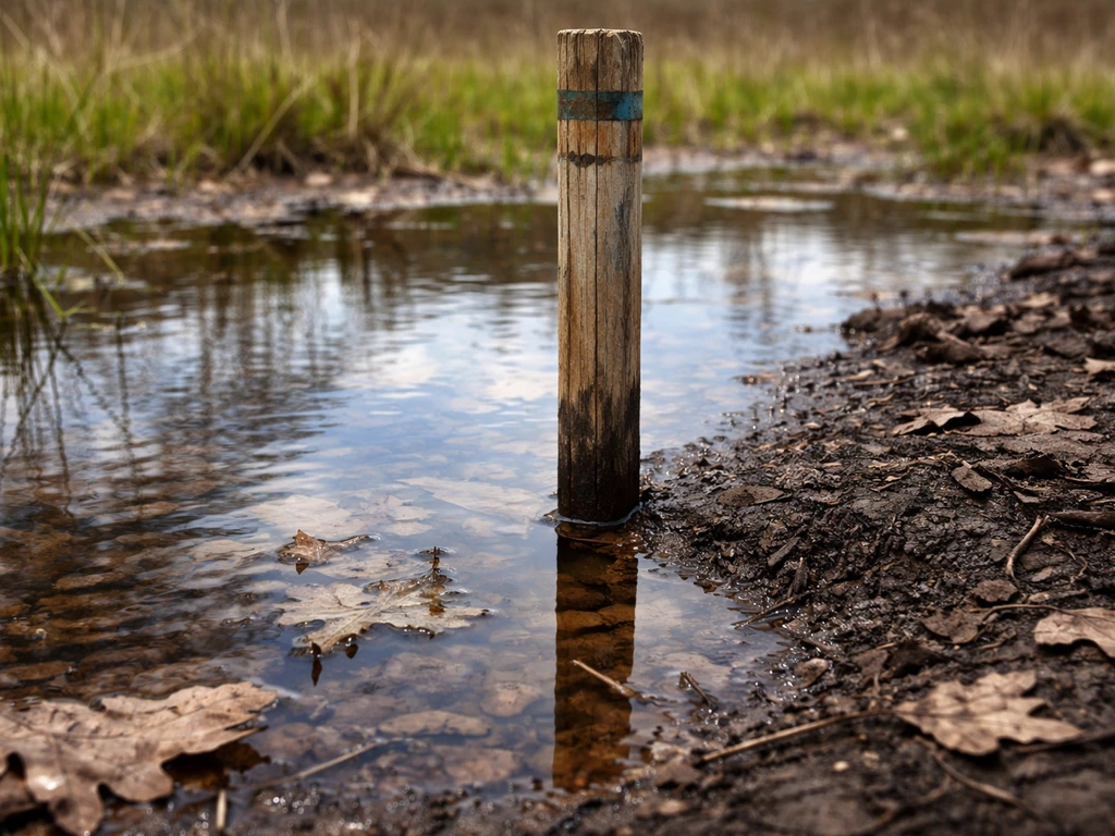 Close-up of shallow standing water and a marker stake showing wetland hydrology indicators.