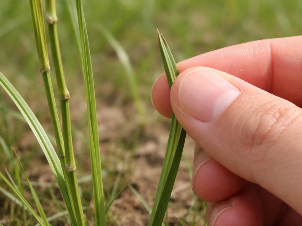 Close-up of a fingertip rolling a triangular sedge stem beside rounded grass stems in a field