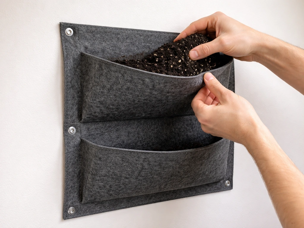 Hands fill a felt pocket planting panel mounted on a wall, with modular compartments ready for plants.