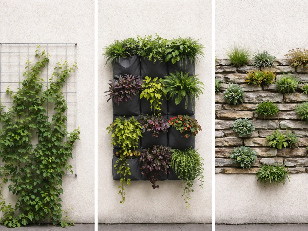 Side-by-side photo of trellis vines, pocket wall modules, and plants in masonry crevices on a wall.