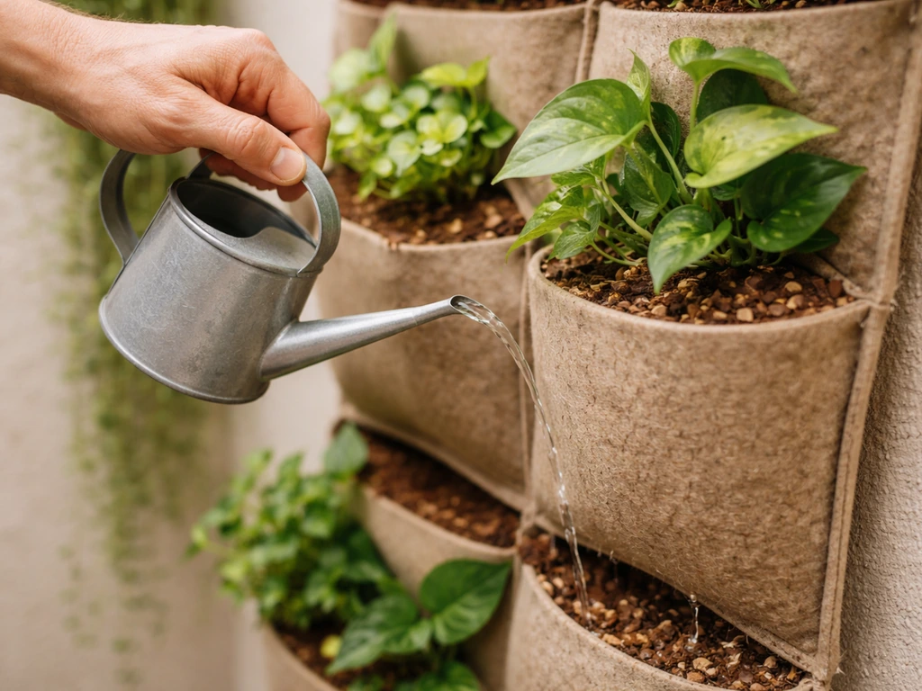 Hand gently waters green wall plant pockets on a trellis, showing soil moisture and drainage runoff.
