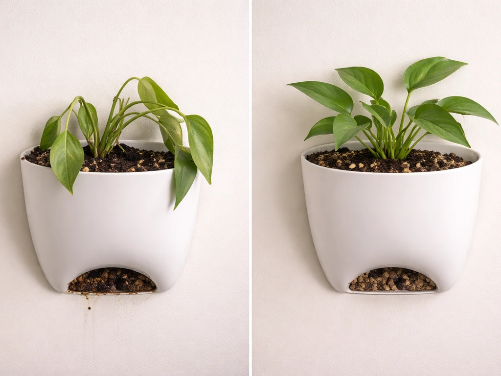 Wall plant wilting in a pocket system, then the same pocket with improved drainage and healthy growth.