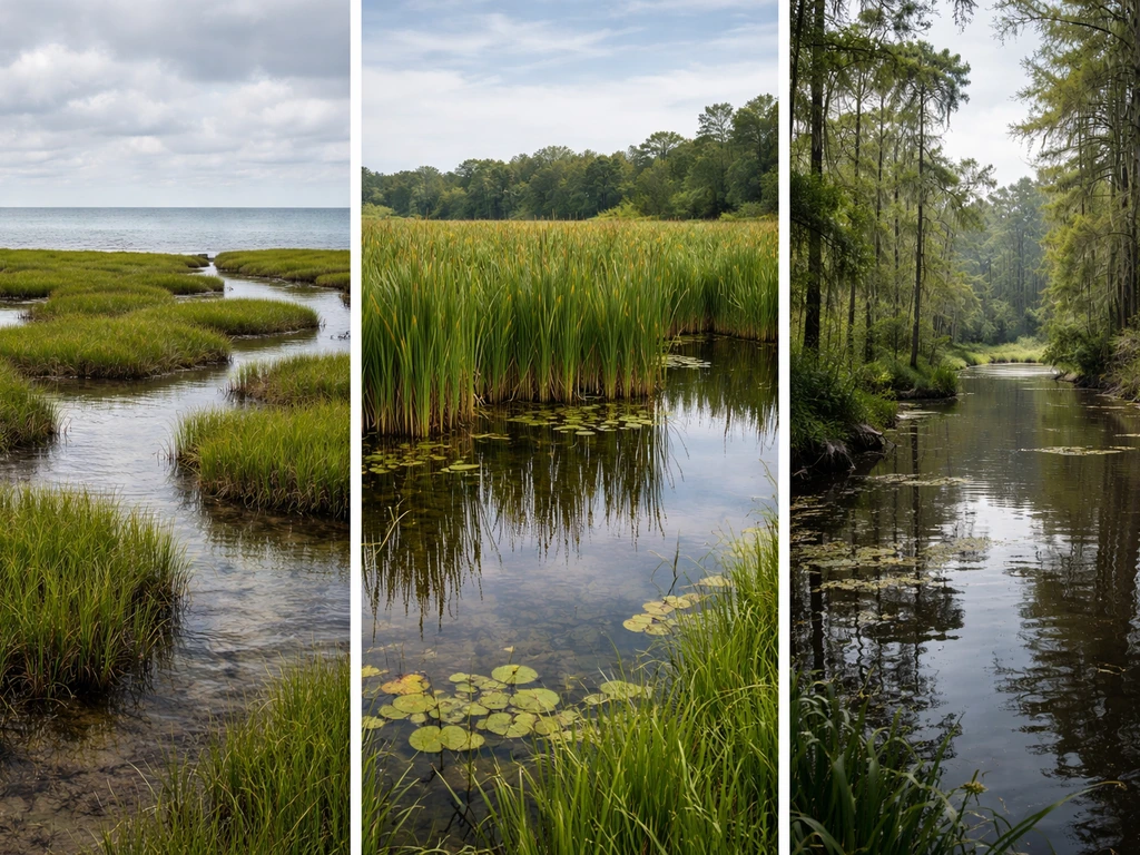 Three-panel photo of coastal salt marsh, freshwater marsh, and swamp wetland vegetation in natural light.