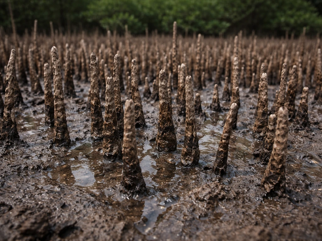 Close view of upright mangrove breathing roots emerging from dark, waterlogged mud