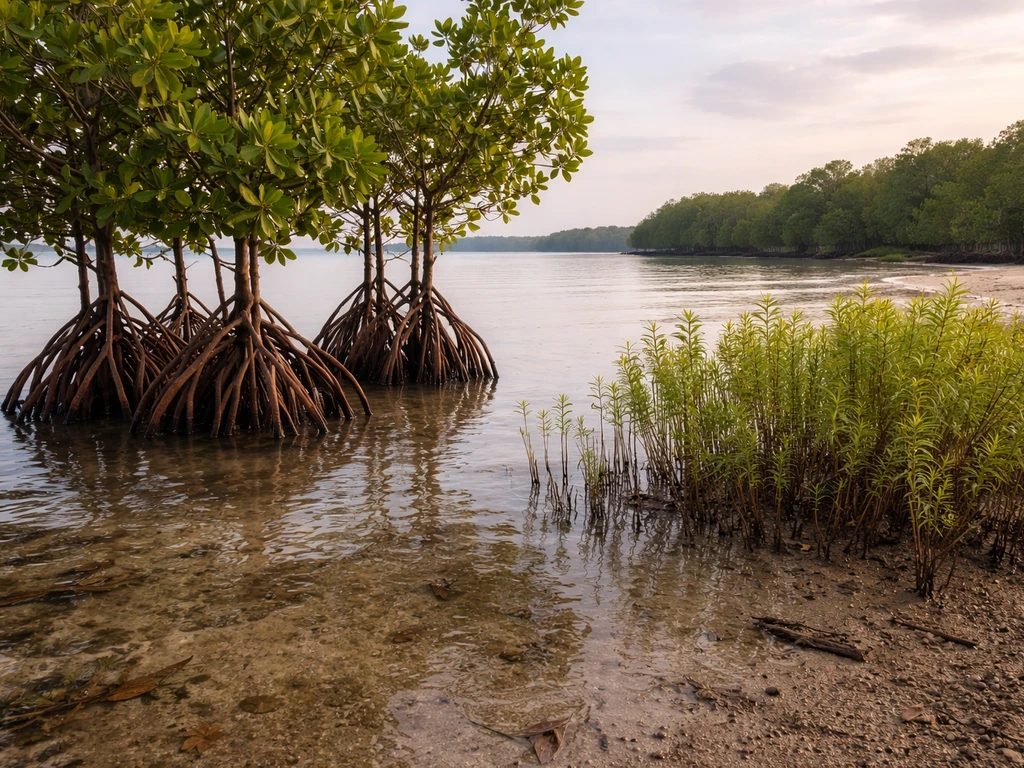 Mangrove trees with visible prop roots beside a non-mangrove wetland plant in shallow muddy water.