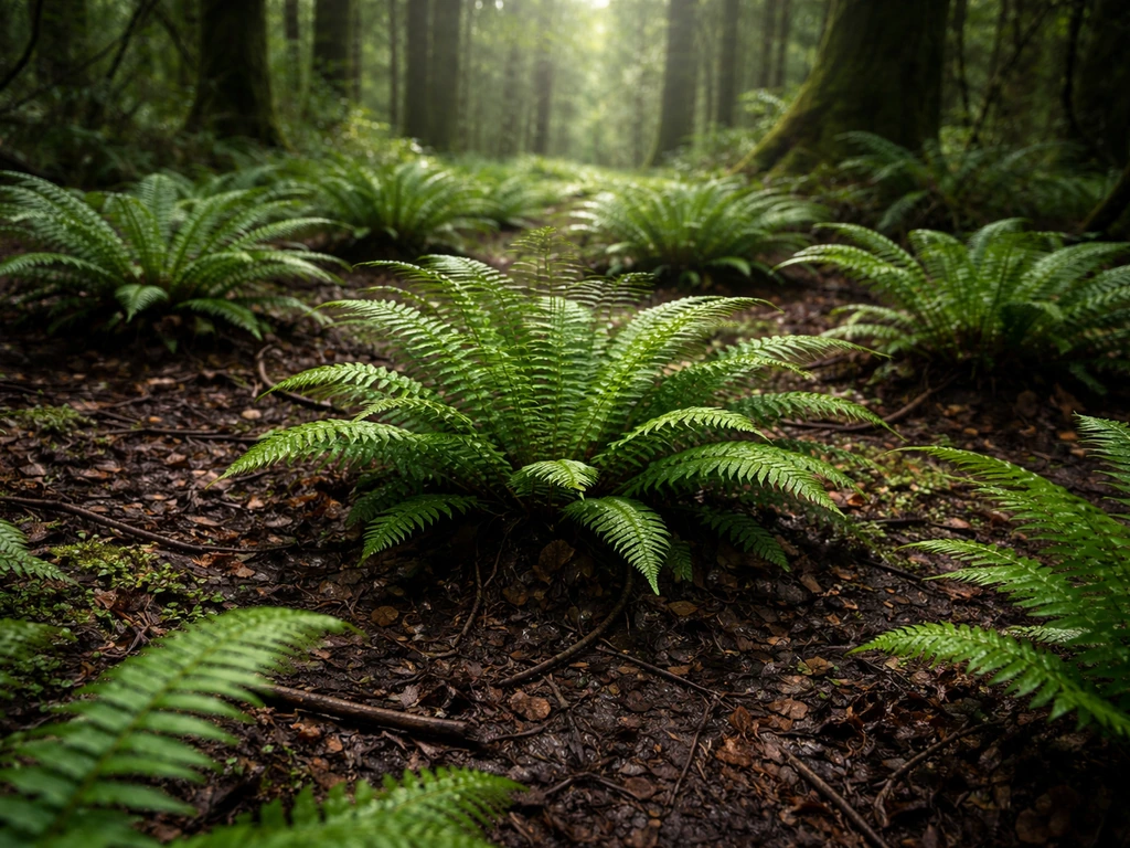 Lush fern patches thriving in a cool, humid woodland understory with moist leaf litter.