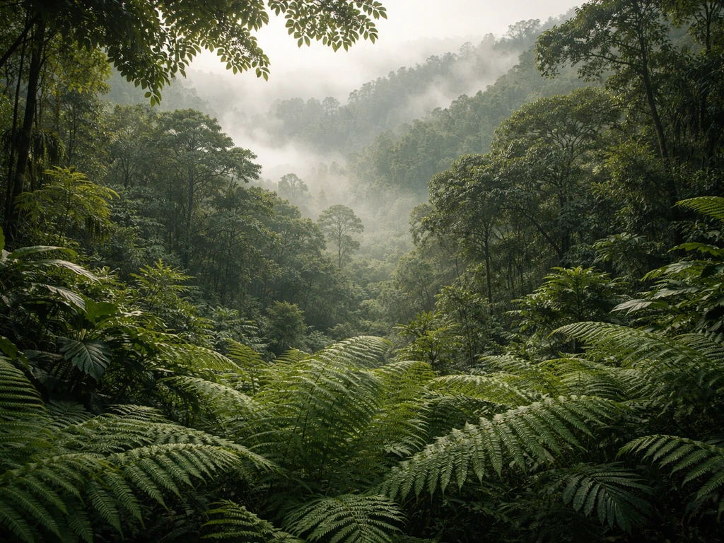 Minimal nature panorama showing lush fern-filled tropical rainforest transitioning to misty cloud forest