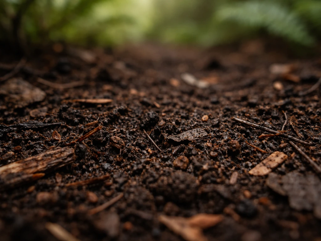 Ground-level close-up of dark, loose forest soil with damp leaf mold and tiny organic bits.