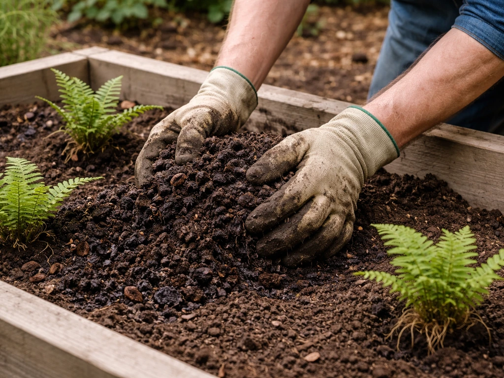 Gardener mixing dark leaf mold into compost to refresh a fern planting bed