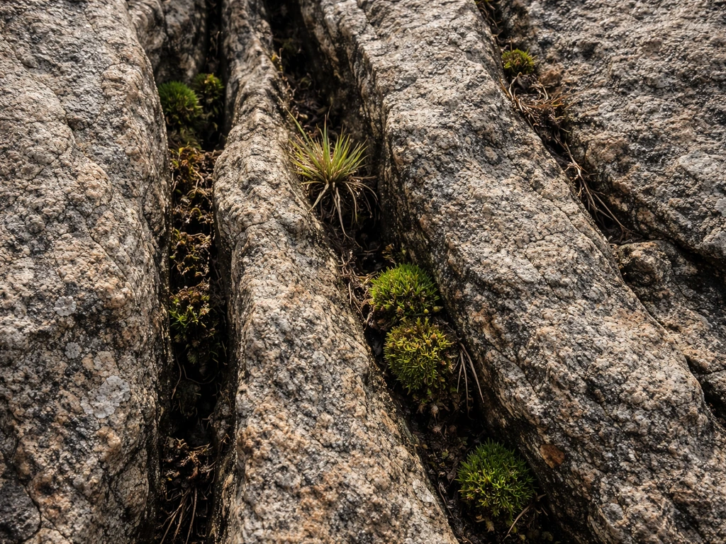 Small hardy plants rooted in narrow rock crevices on a dramatic outcrop