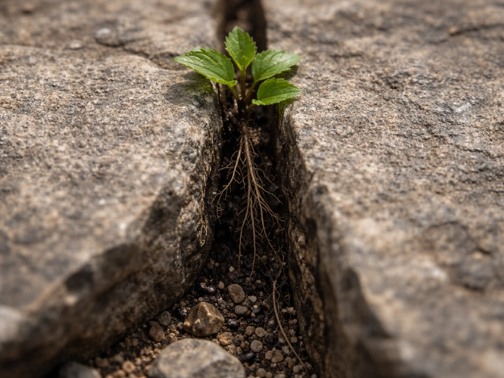 Close-up of a plant with roots anchored deep in a narrow rock crack, green leaves above stone.