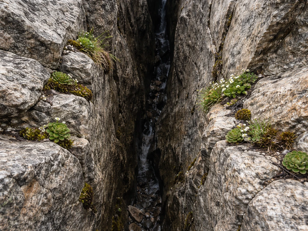 Rocky cliff crevice in an alpine habitat with small plants growing in cracks on bare stone.
