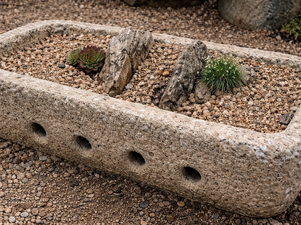 Hypertufa trough with gritty medium, large drainage holes, and small alpine plants in narrow crevices.
