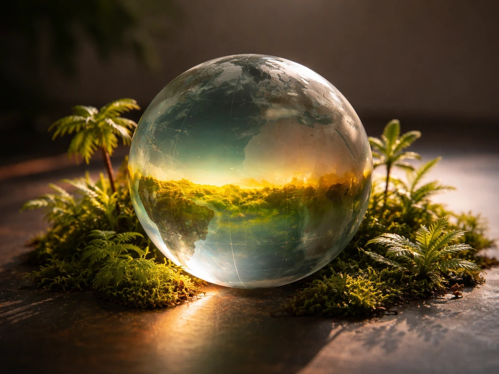 Glowing glass globe with lush tropical greenery cues highlighting warm tropical and subtropical zones.