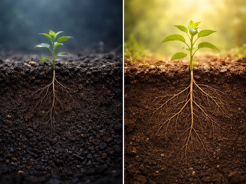 Minimal photo of a seedling timeline with roots in soil under cool vs warm light, showing growth differences
