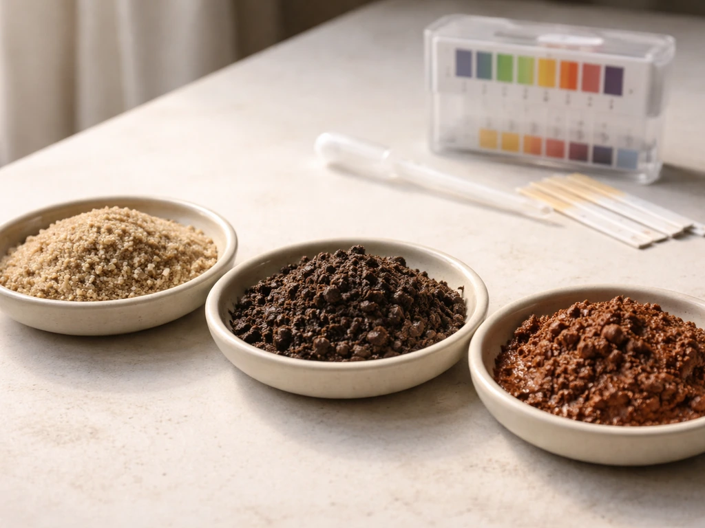 Close-up of sandy, loamy, and clay soil samples with a generic pH test kit on a clean tabletop