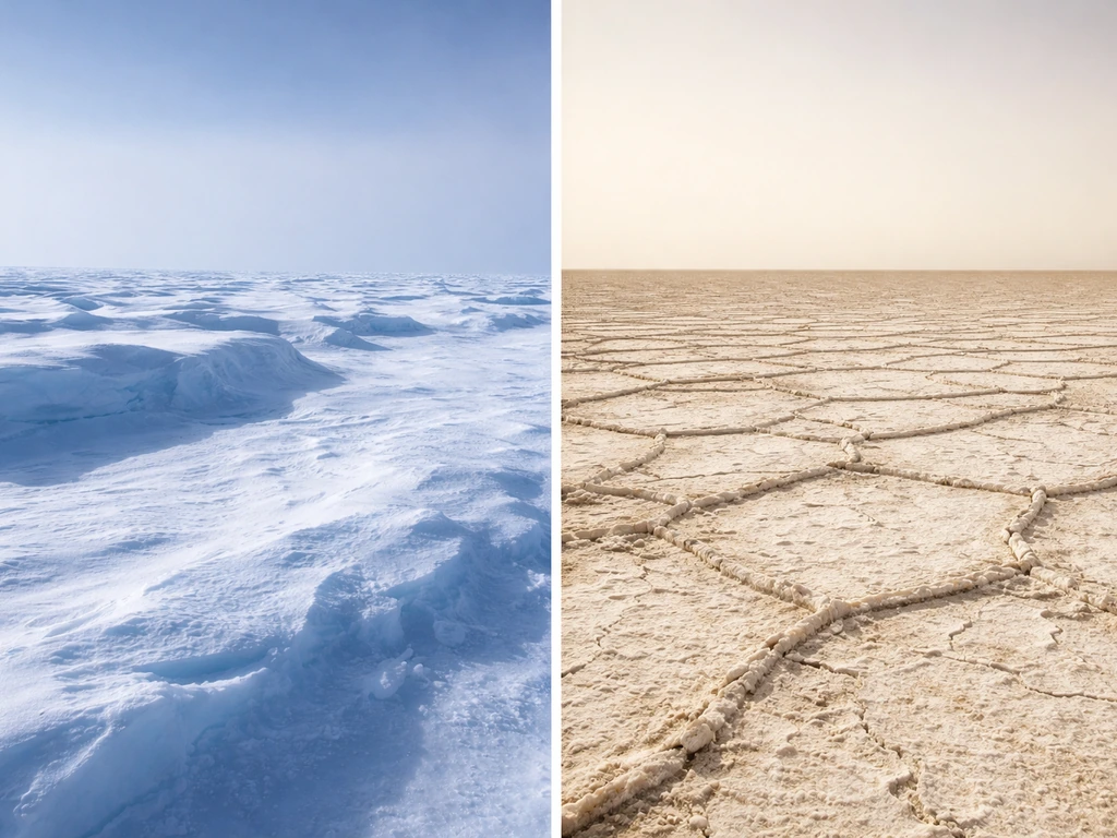 Split view: polar ice sheet left and barren hyper-arid desert right, both with no vegetation
