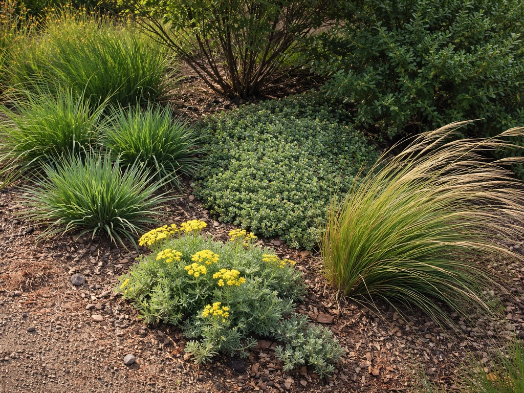 Resilient mixed planting bed with hardy foliage in sunny, shaded, and wind-exposed corners.