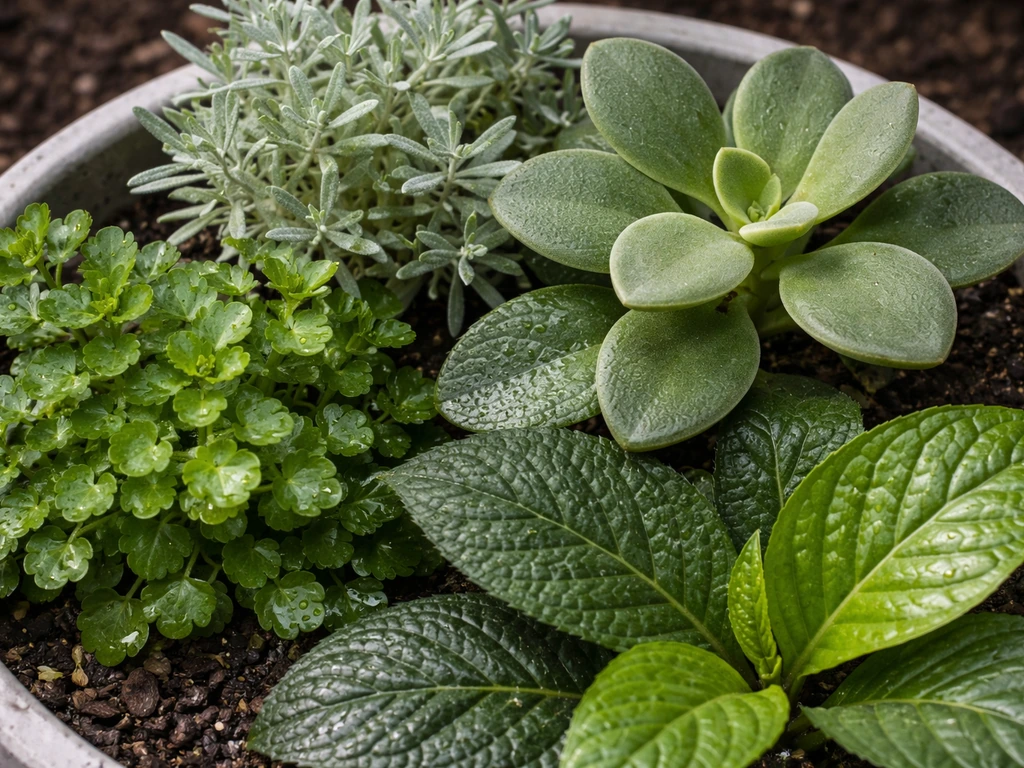 Close-up of mixed hardy plant leaves showing drought, shade, cold and wet-soil tolerance traits