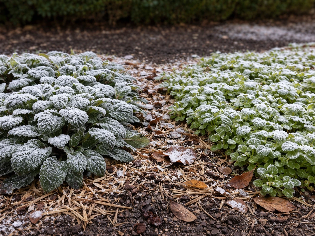 Garden groundcover patches in frost and light snow, with visible mulch and leaf structure showing cold survival.
