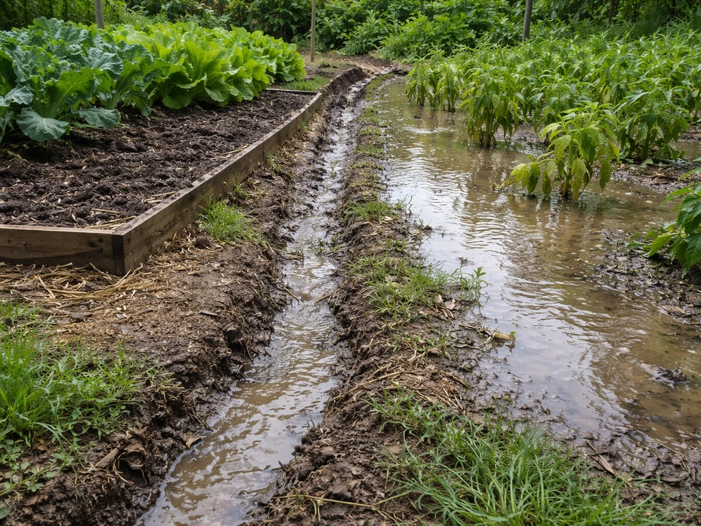 Gardening bed with a raised drainage channel beside a waterlogged patch where pooled water affects plants.