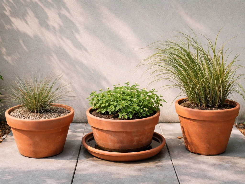 Three potted plant groupings on a patio showing drought, wet shade, and wind-tough conditions.