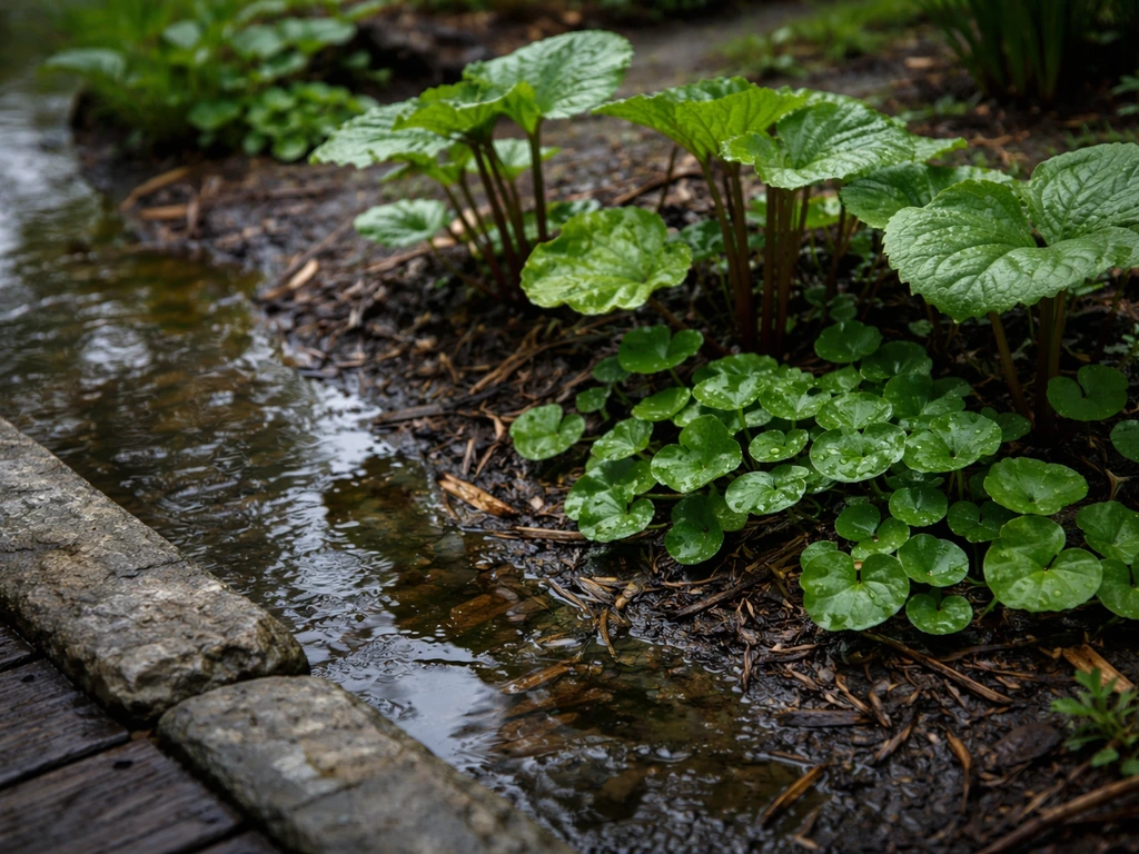 Wet bog garden edge with saturated soil and moisture-loving plants thriving in shallow standing water.