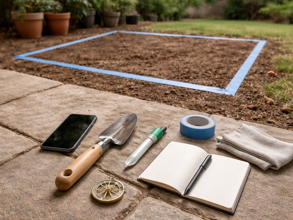 Minimal home gardening site audit setup with tools and a marked spot to check sunlight and soil.