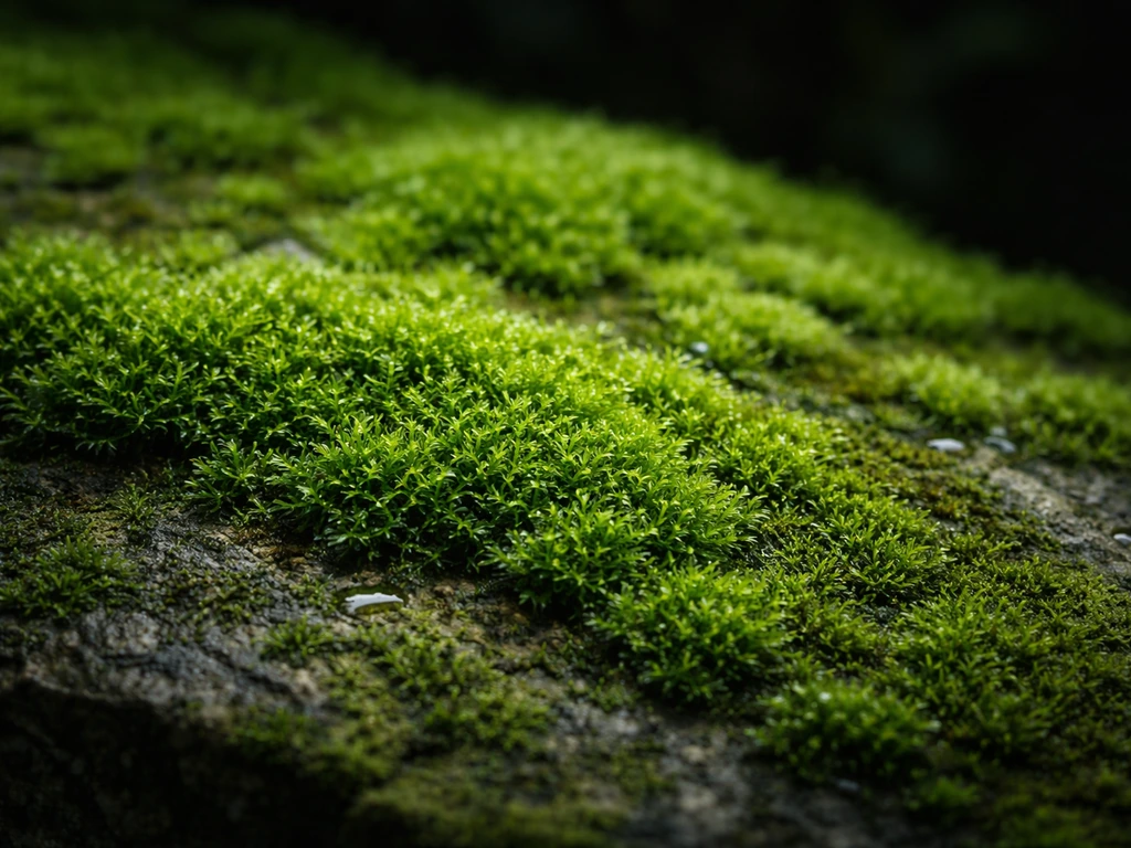 Lush green moss growing on damp shaded stone with fine, moist texture close-up.