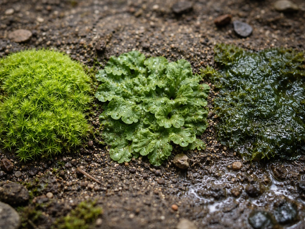 Close-up side-by-side patches of moss, liverwort, and algae showing distinct textures on damp ground.