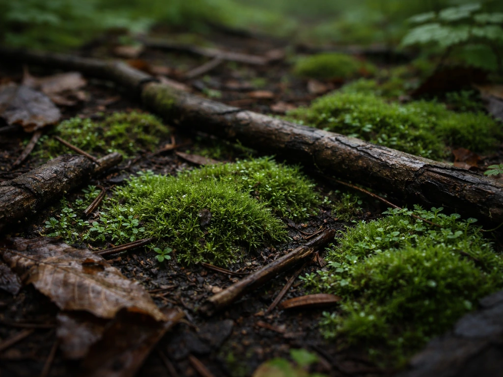 Damp forest floor covered with vibrant moss and small liverworts in leaf litter under deep shade