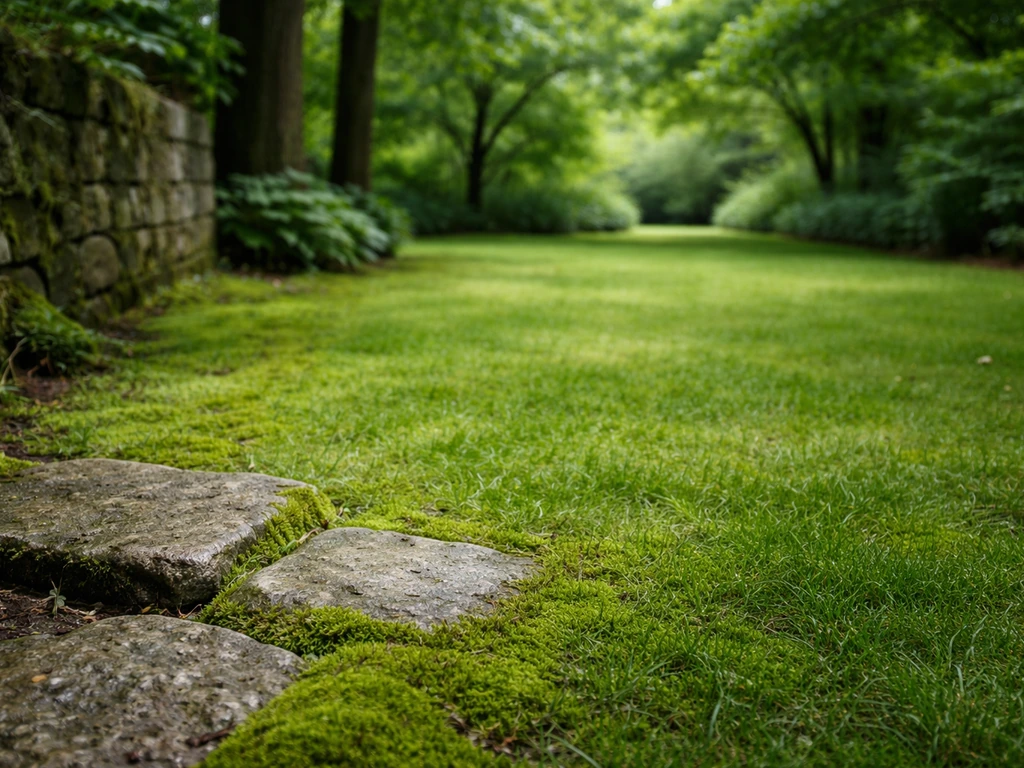 Green moss on a shaded lawn between stepping stones under tree canopy.