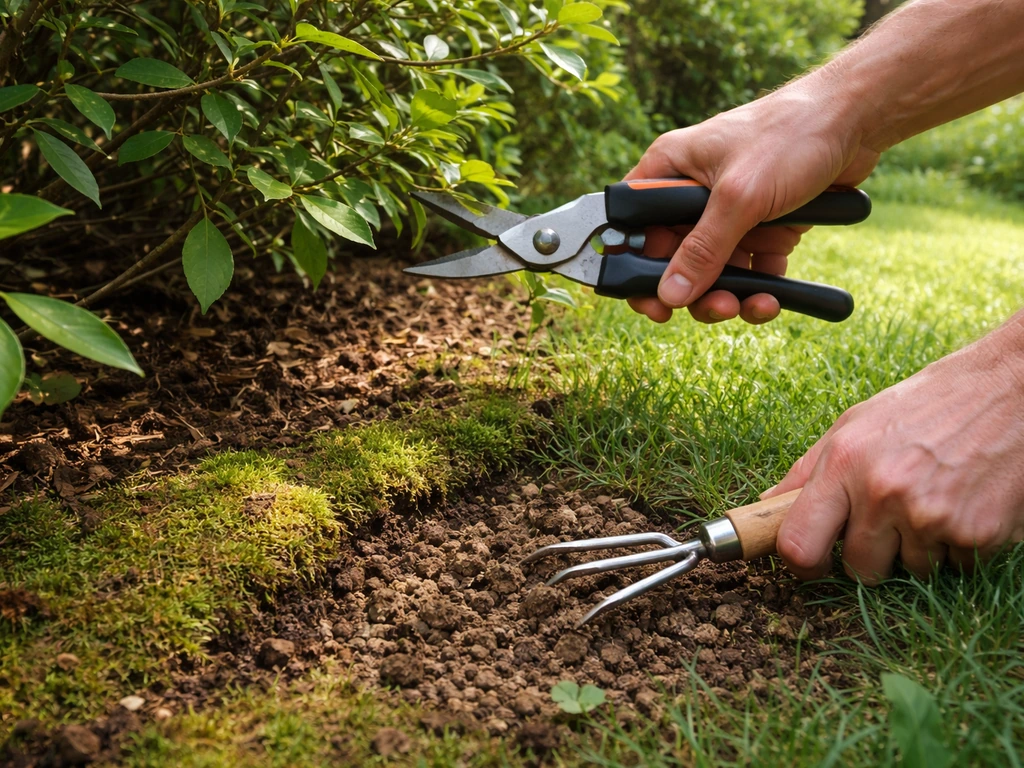 Hand pruning overhanging branches above mossy soil while loosening compacted ground for better light.