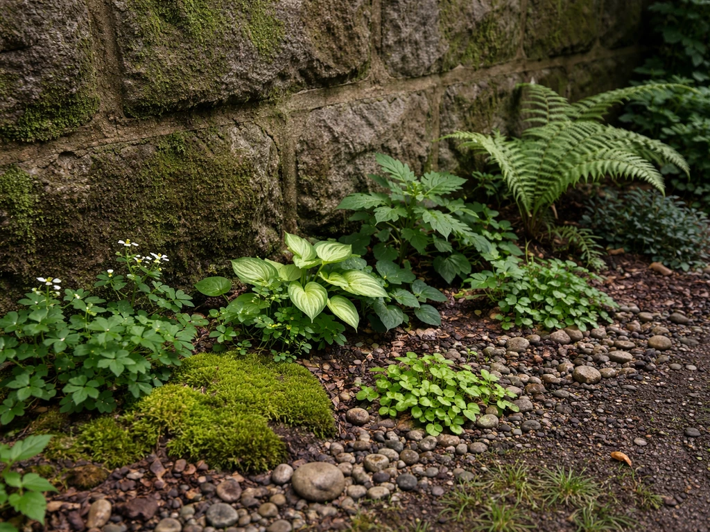 North-facing garden wall with shade-tolerant plants and damp soil near the base