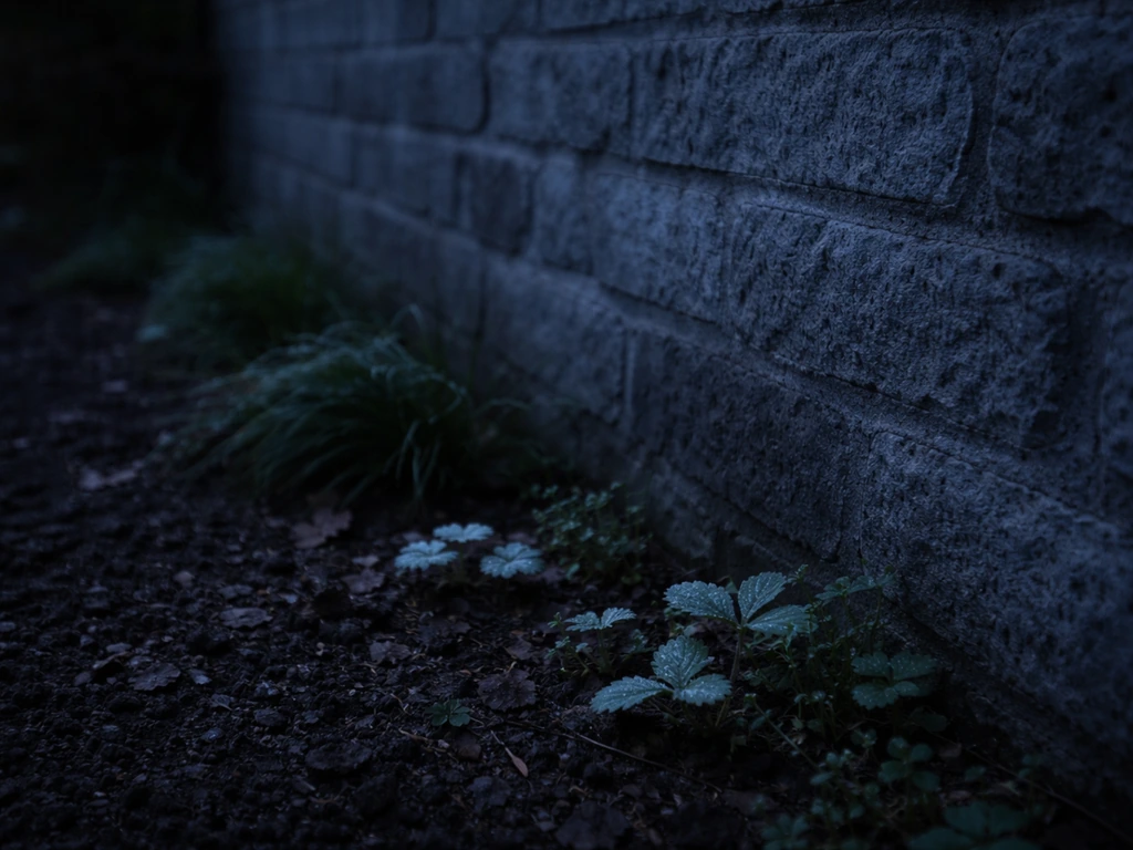 North-facing exterior wall at dusk with dim, indirect light and cool shaded plants near the masonry.