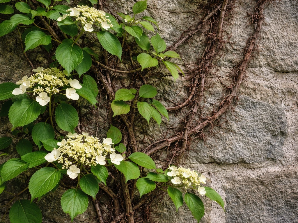 Climbing hydrangea with self-clinging vines attached to a textured masonry wall in soft shade