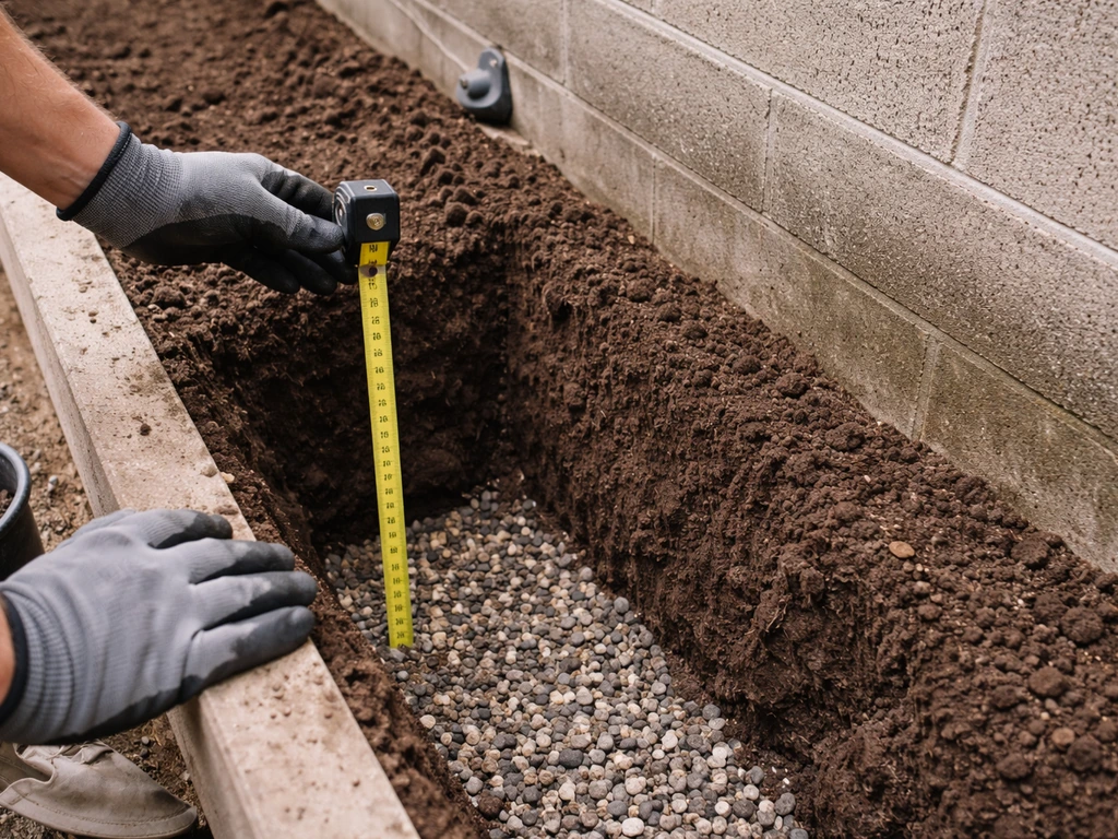 Gloved hands measuring soil depth in a narrow planting strip beside a concrete wall with drainage gravel visible.
