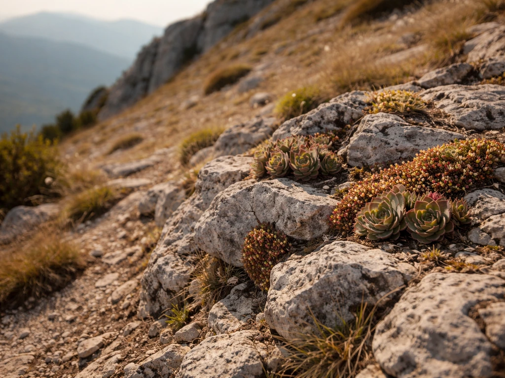 Rocky mountain hillside with dry microhabitats and drought-adapted succulents growing between stones.