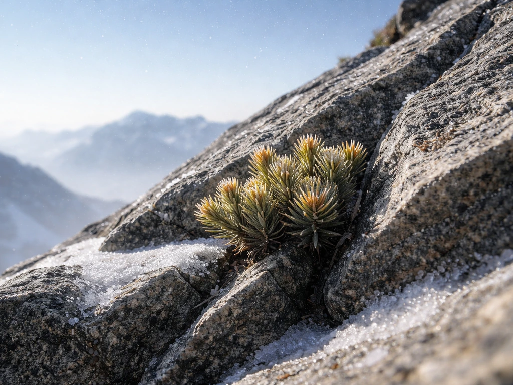 High-altitude rocky ridge with frost and intense sunlight, showing hardy xerophyte plants near a rugged stone outcrop.