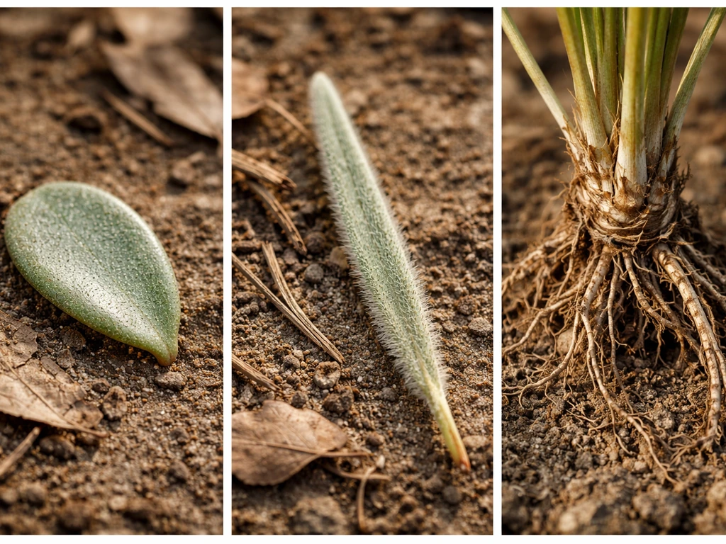 Close-up field collage of three xerophyte specimens showing waxy thick leaves, hairy needles, and fibrous roots.