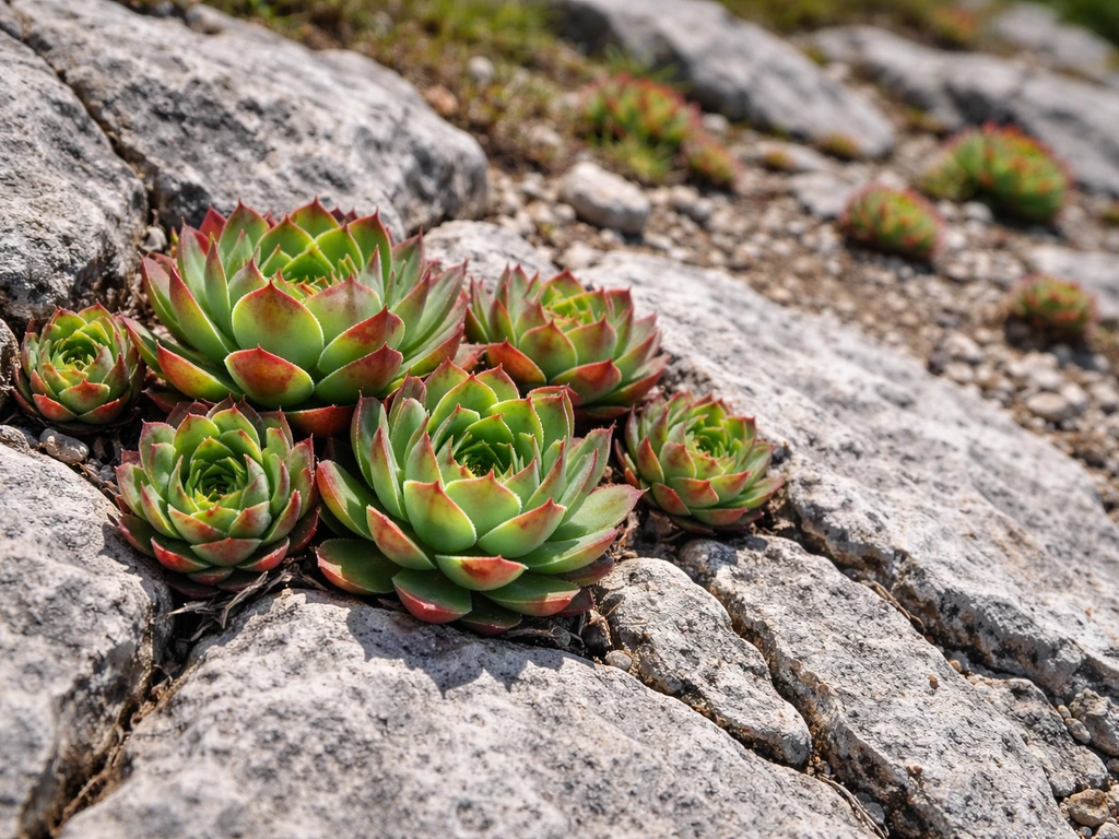 Rosette succulents growing on cracked rocky slope with bright natural light, stone textures visible.