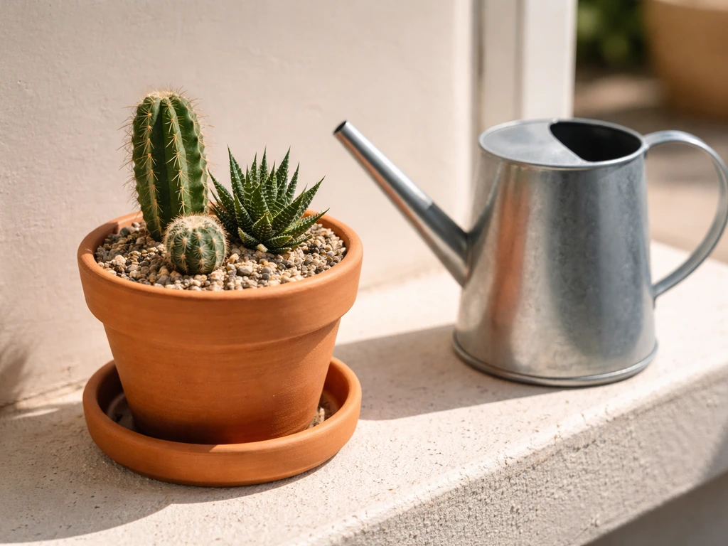 Small potted cactus in gritty mix on a sunny windowsill with a simple watering can nearby.