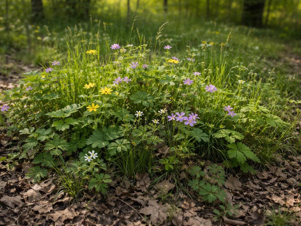 Vivid native plant patch growing naturally in leaf litter with mixed grasses and small flowers