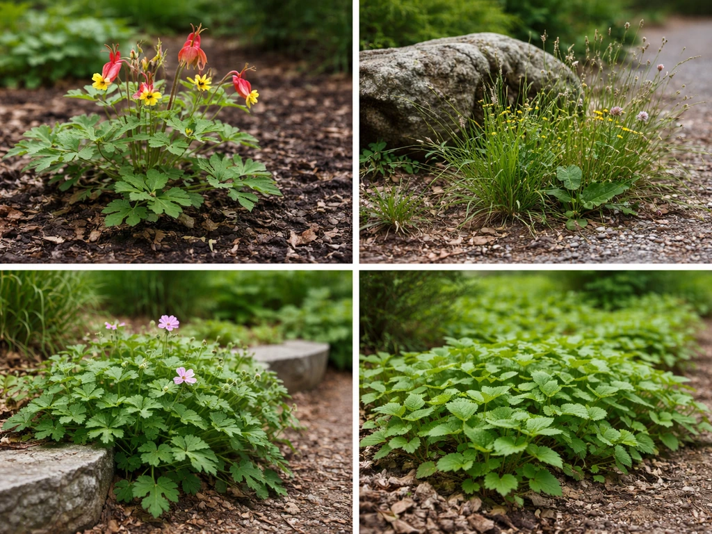 Four different plants in simple pots showing native, wild, naturalized, and invasive contrasts outdoors.
